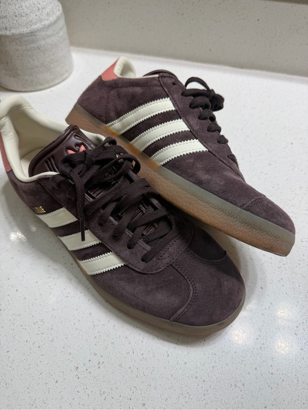 adidas Gazelle - Dark Brownish Plum, White Stripes, Pink Heel & Logo - Picture 3 of 8